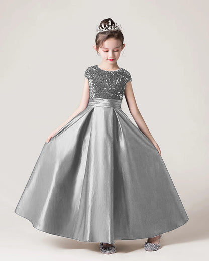 Silver Sequin Satin A-line Girls Formal Dress Front View