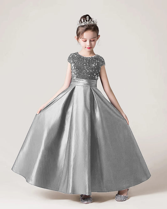 Silver Sequin Satin A-line Girls Formal Dress Front View
