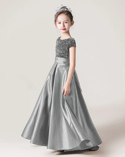 Silver Satin A-line Girls Formal Dress Side View