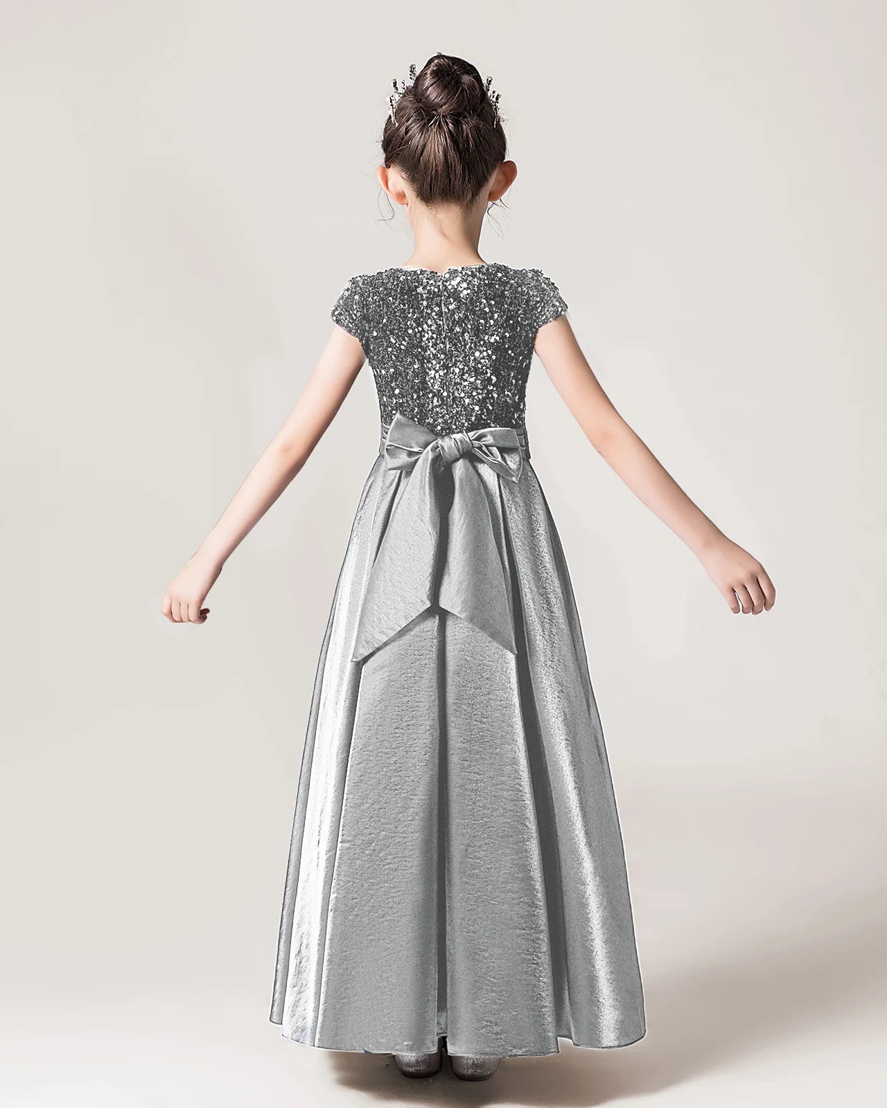 Silver Sequin A-line Girls Formal Dress Back View