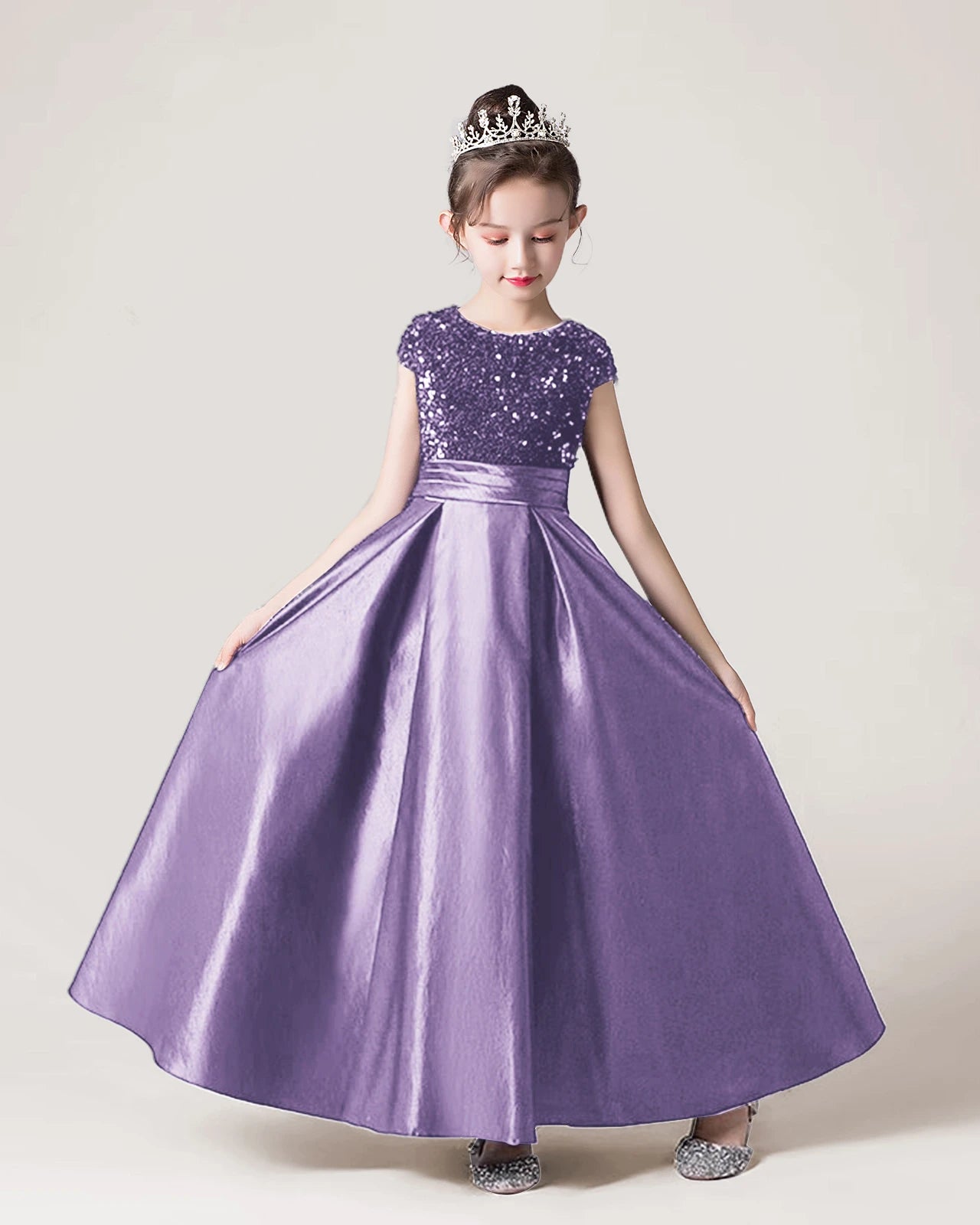 Wisteria Sequin Satin A-line Girls Formal Dress Front View
