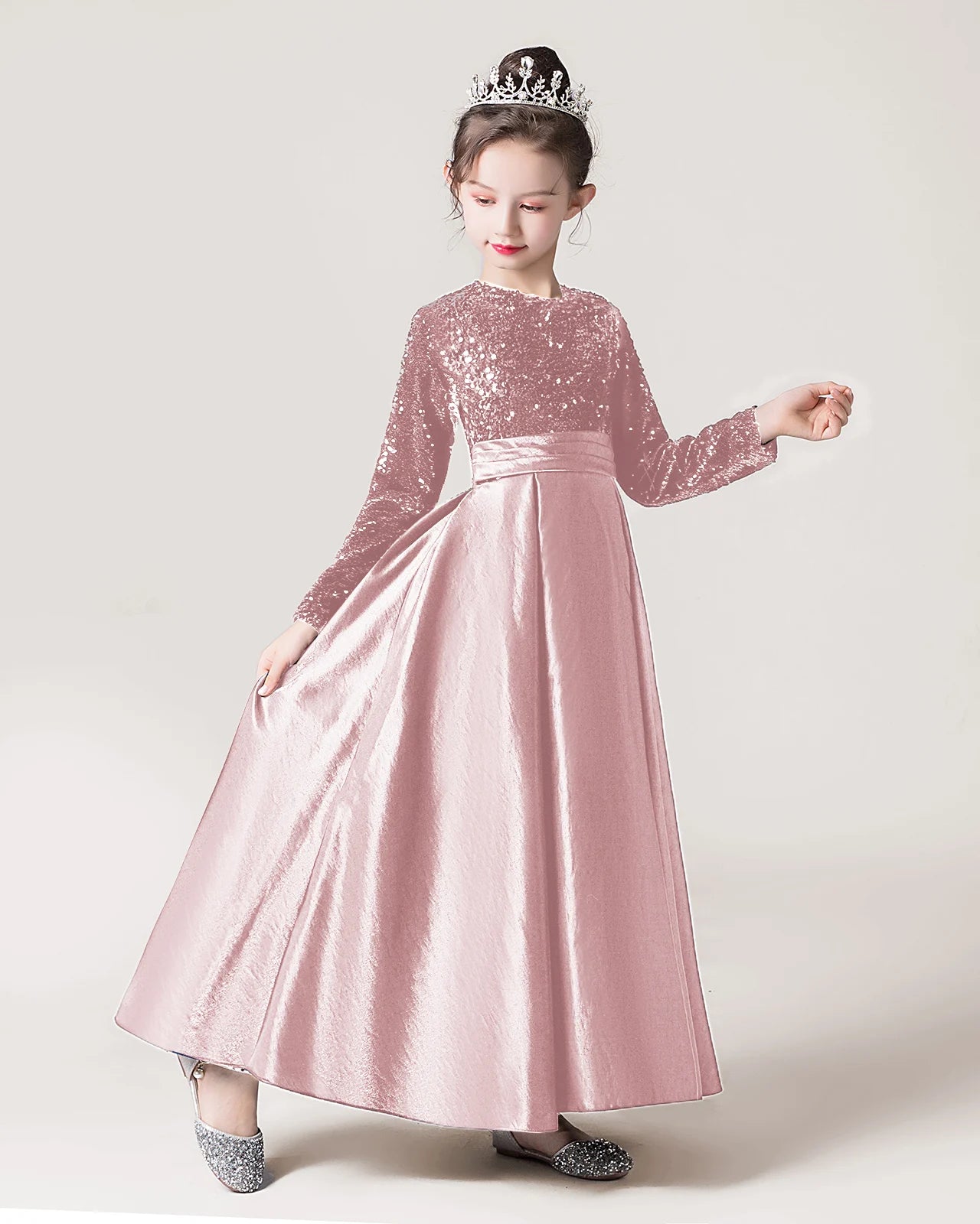 Blush Pink Sequin A-line Girls Formal Dress Front View