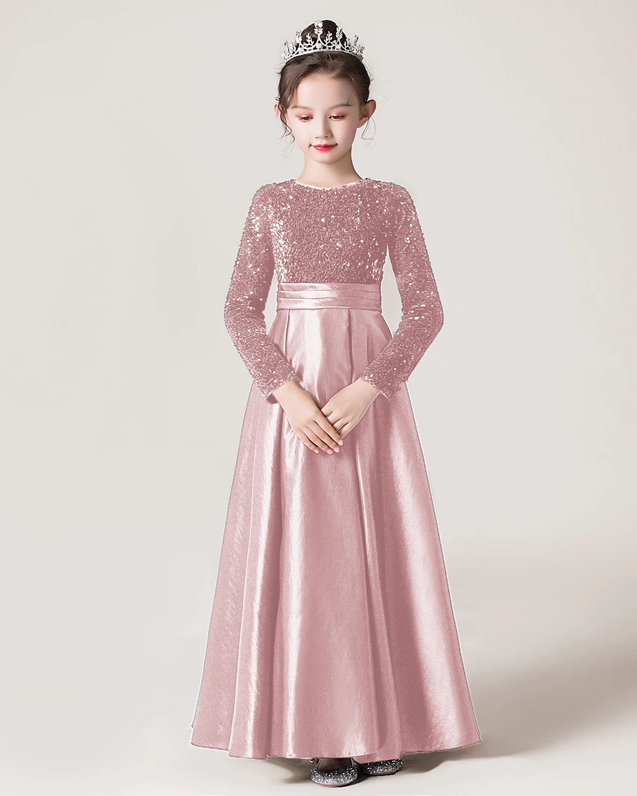 Blush Pink Sequin A-line Girls Formal Dress Front View