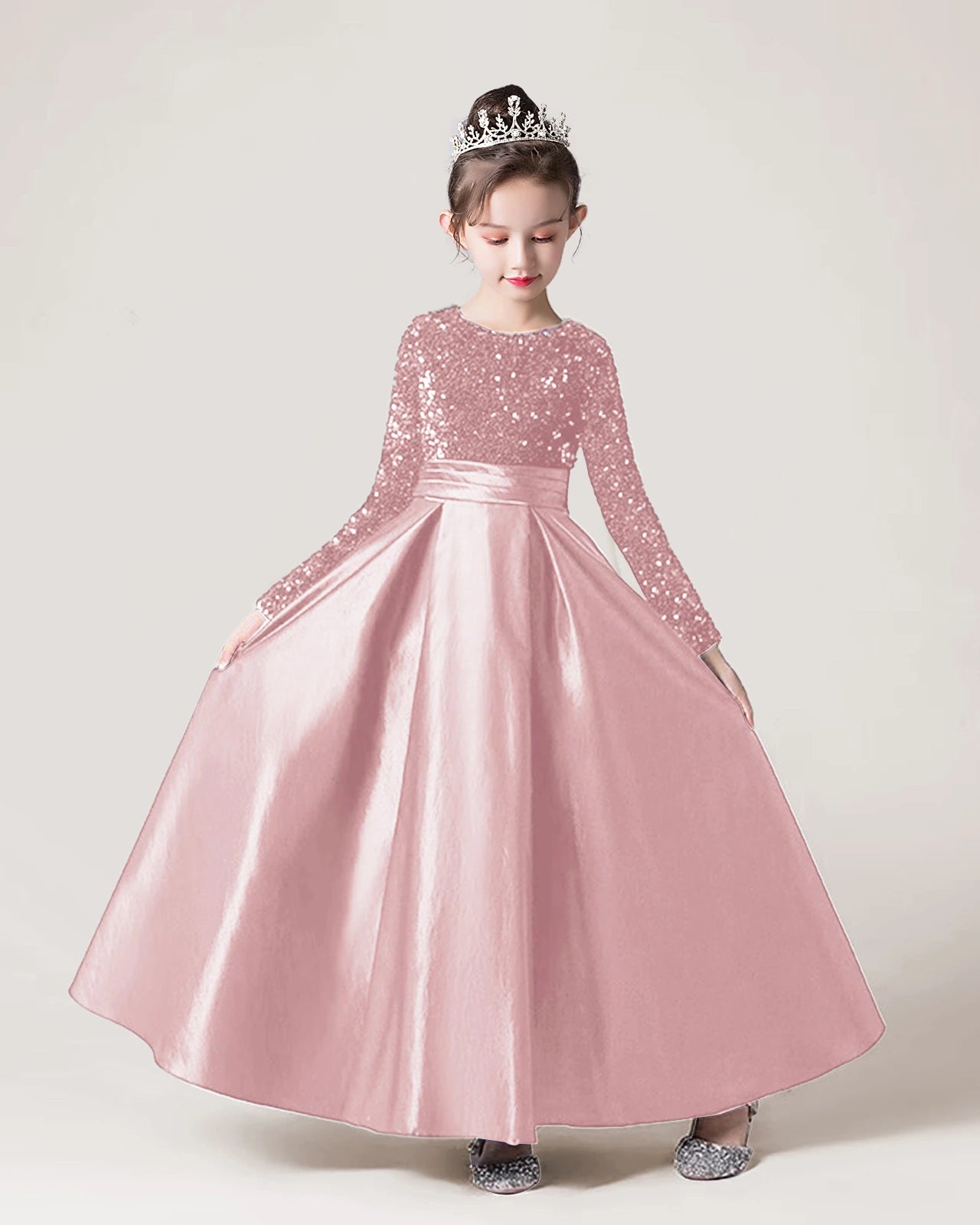 Blush Pink Sequin A-line Girls Formal Dress Front View