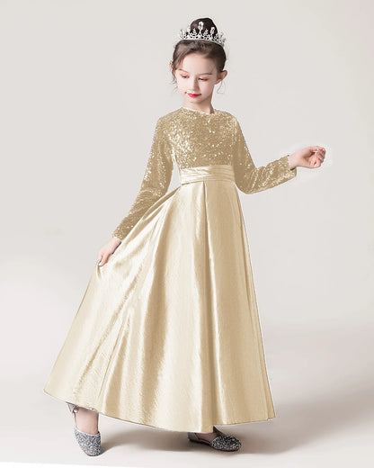 Champagne Sequin A-line Girls Formal Dress Front View