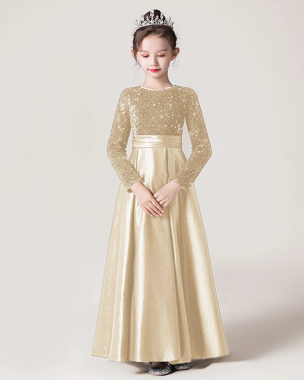 Champagne Sequin A-line Girls Formal Dress Front View