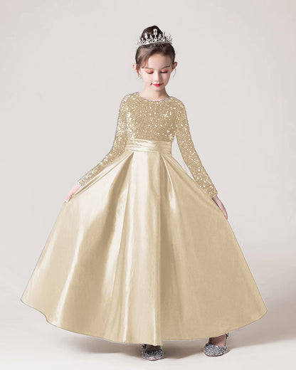Champagne Sequin Satin A-line Girls Formal Dress Front View