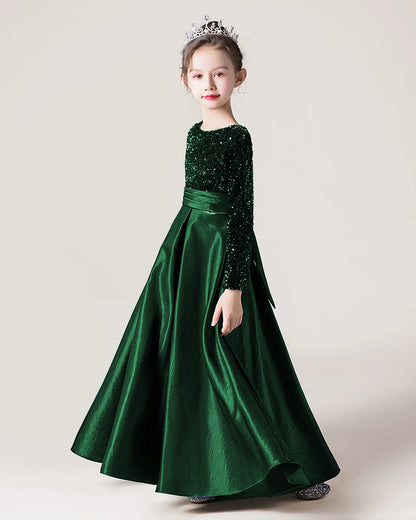 Dark Green Sequin Satin A-line Girls Formal Dress Side View