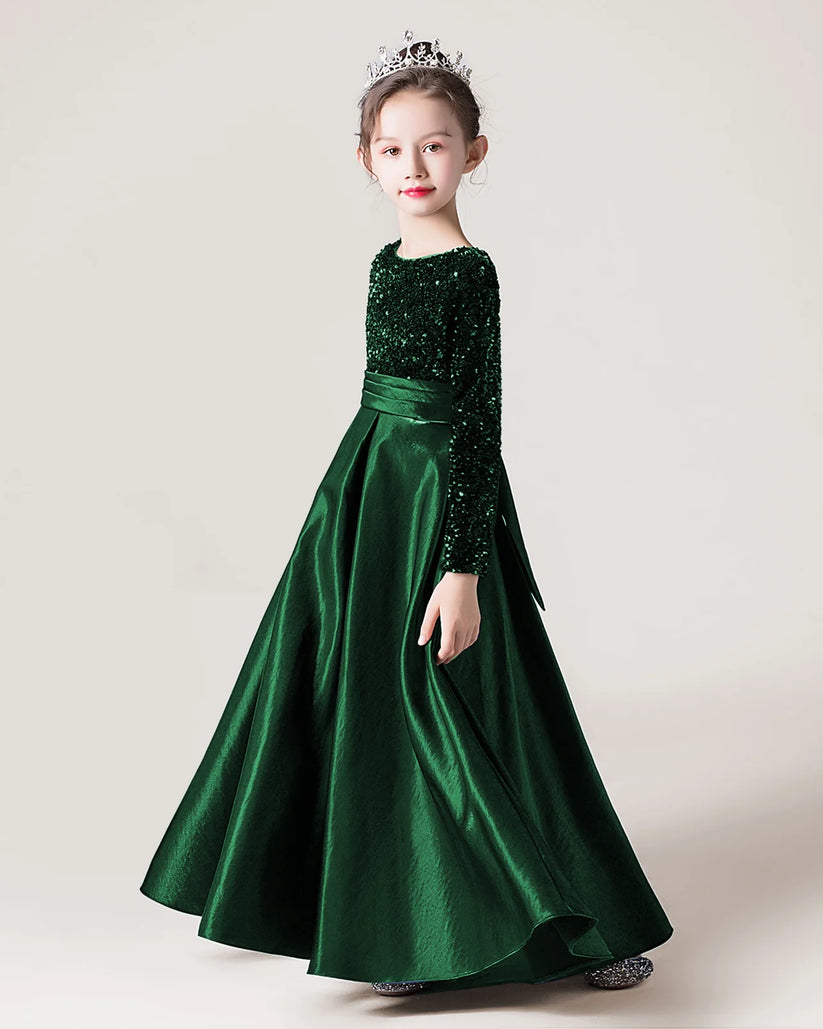 Dark Green Sequin Satin A-line Girls Formal Dress Side View