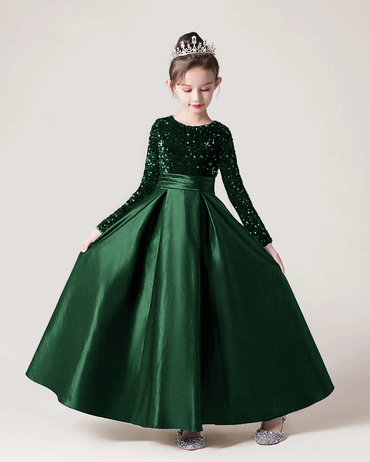 Dark Green Sequin A-line Girls Formal Dress Front View