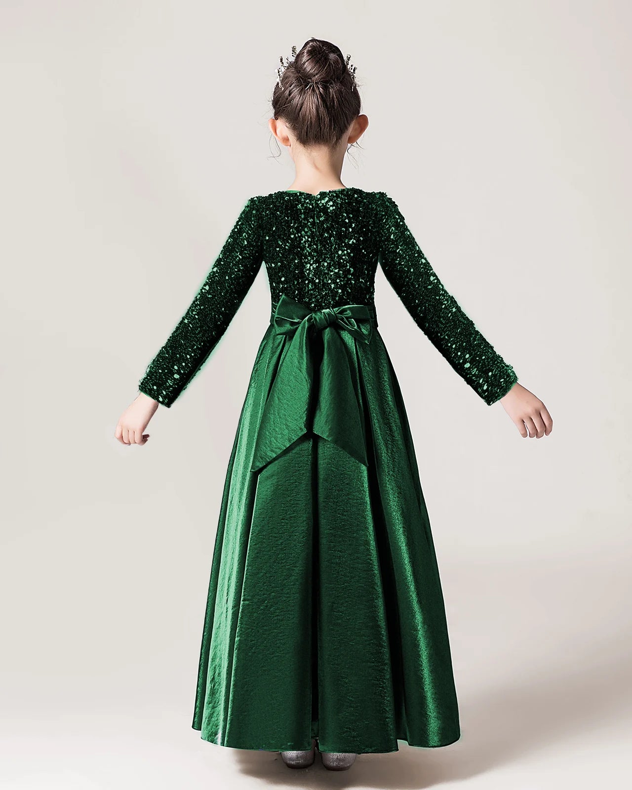 Dark Green Sequin A-line Girls Formal Dress Back View