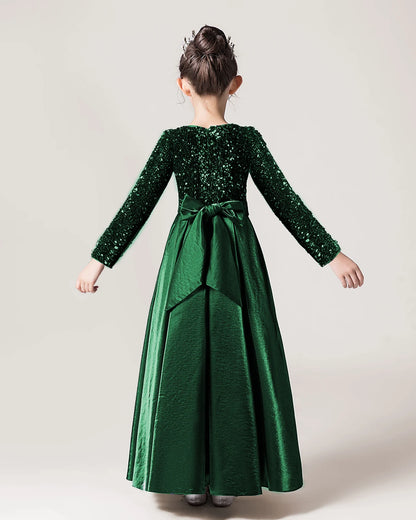Dark Green Sequin A-line Girls Formal Dress Back View