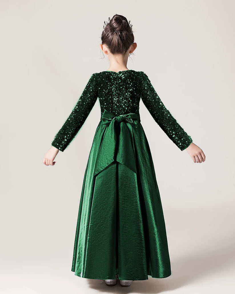 Dark Green Sequin A-line Girls Formal Dress Back View