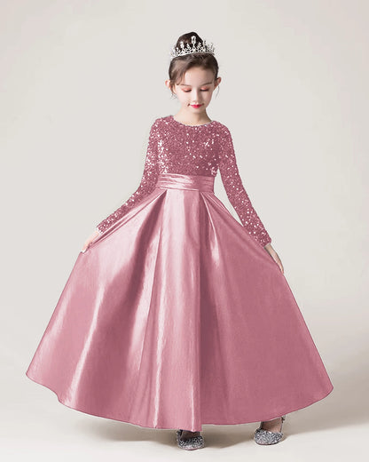 Dusty Rose Sequin Satin A-line Girls Formal Dress Front View