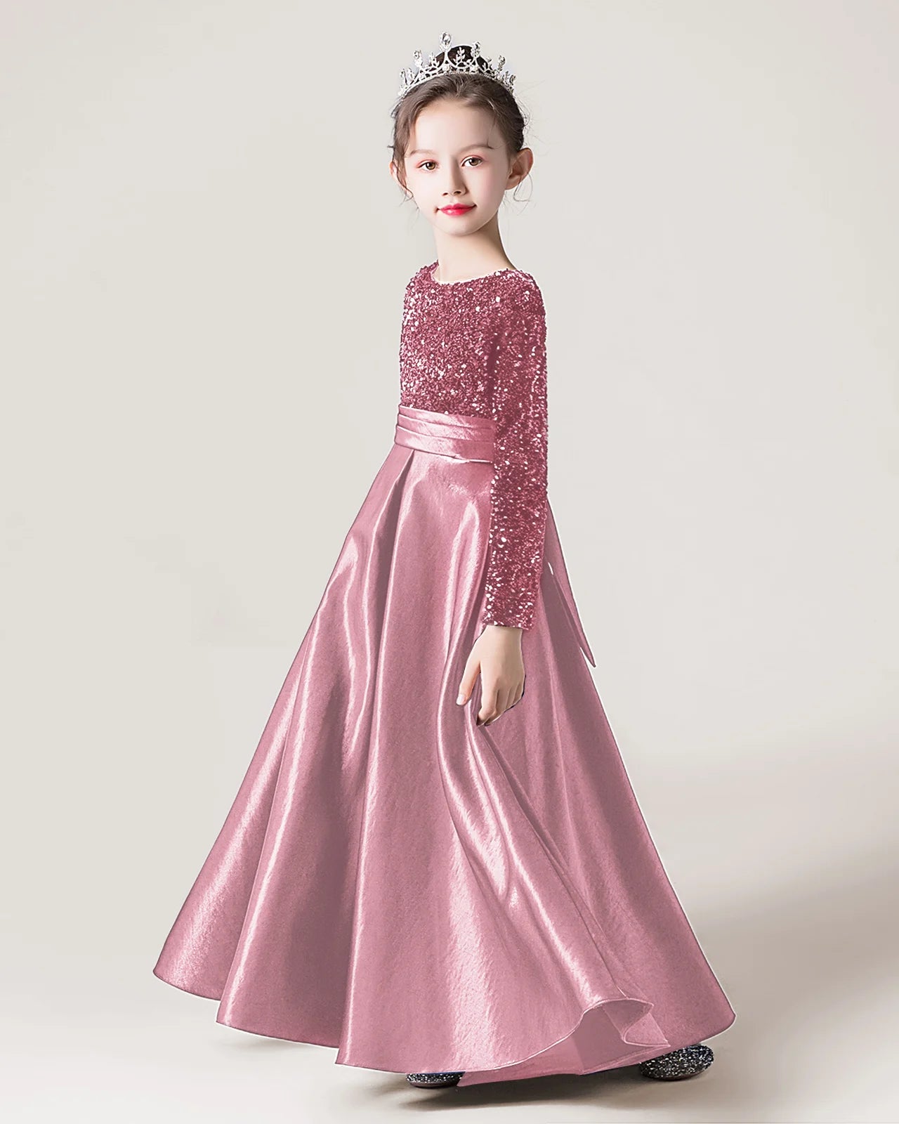 Dusty Rose Sequin Satin A-line Girls Formal Dress Side View