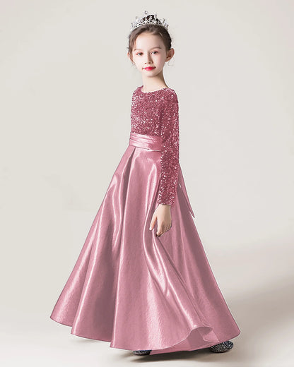 Dusty Rose Sequin Satin A-line Girls Formal Dress Side View