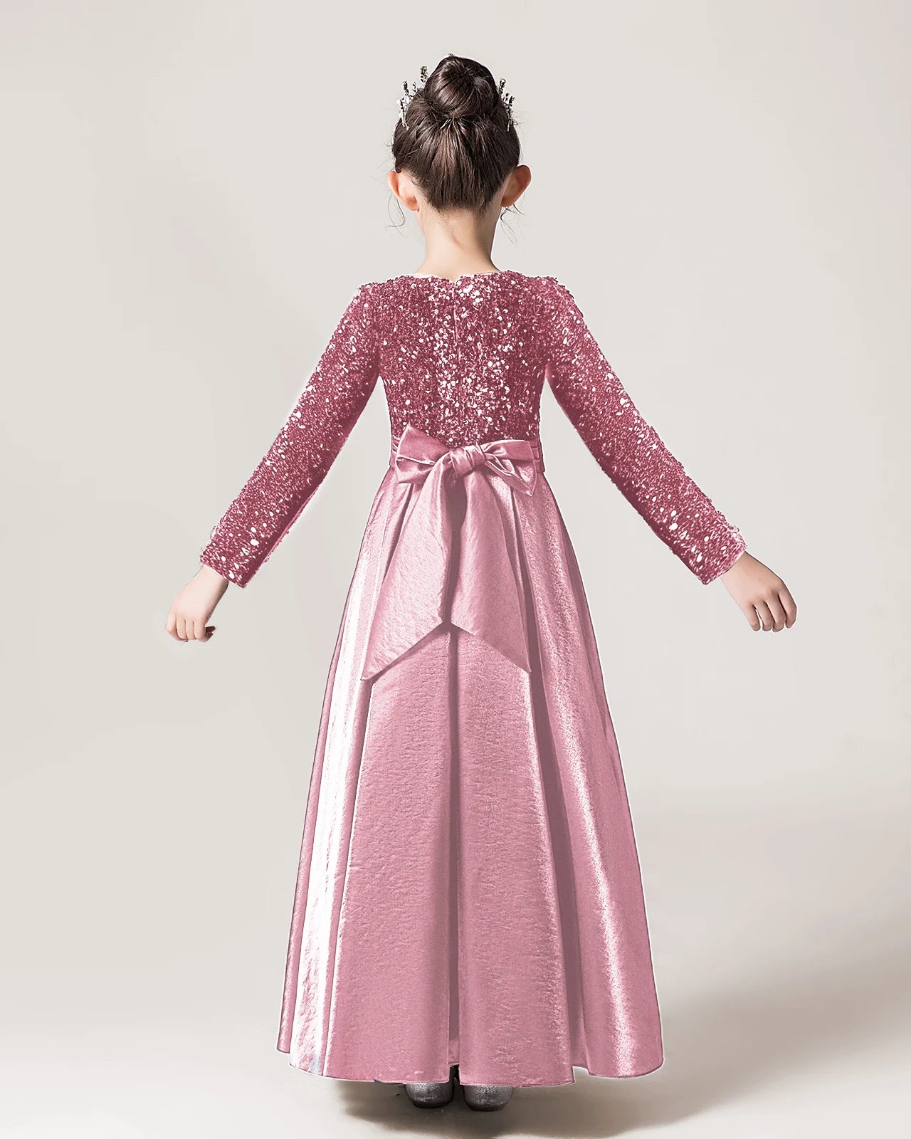 Dusty Rose Sequin A-line Girls Formal Dress Back View