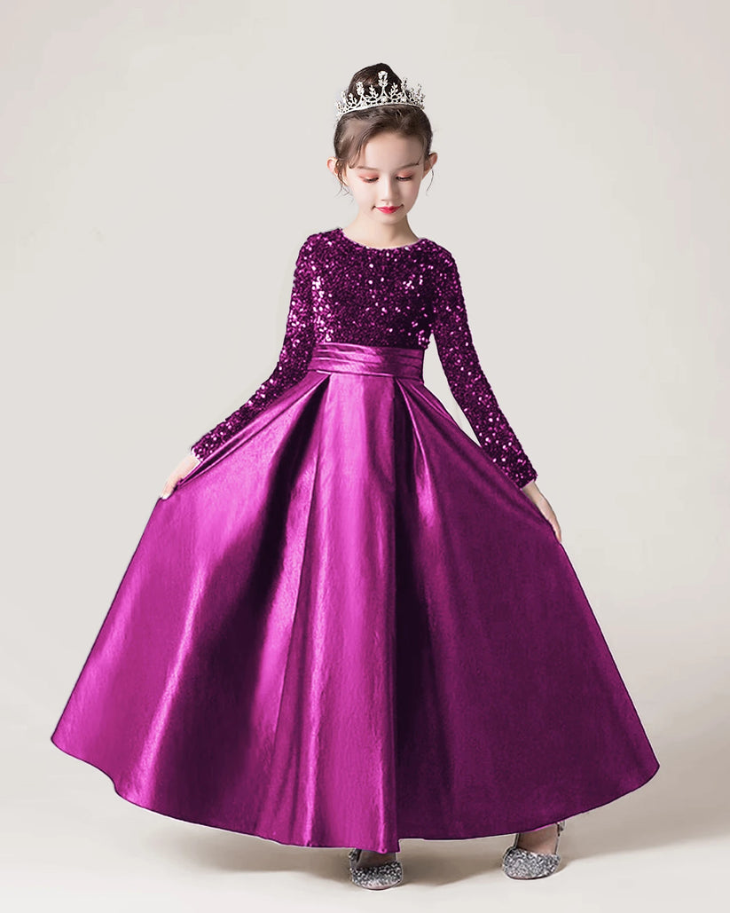 Purple Sequin A-line Girls Formal Dress Front View