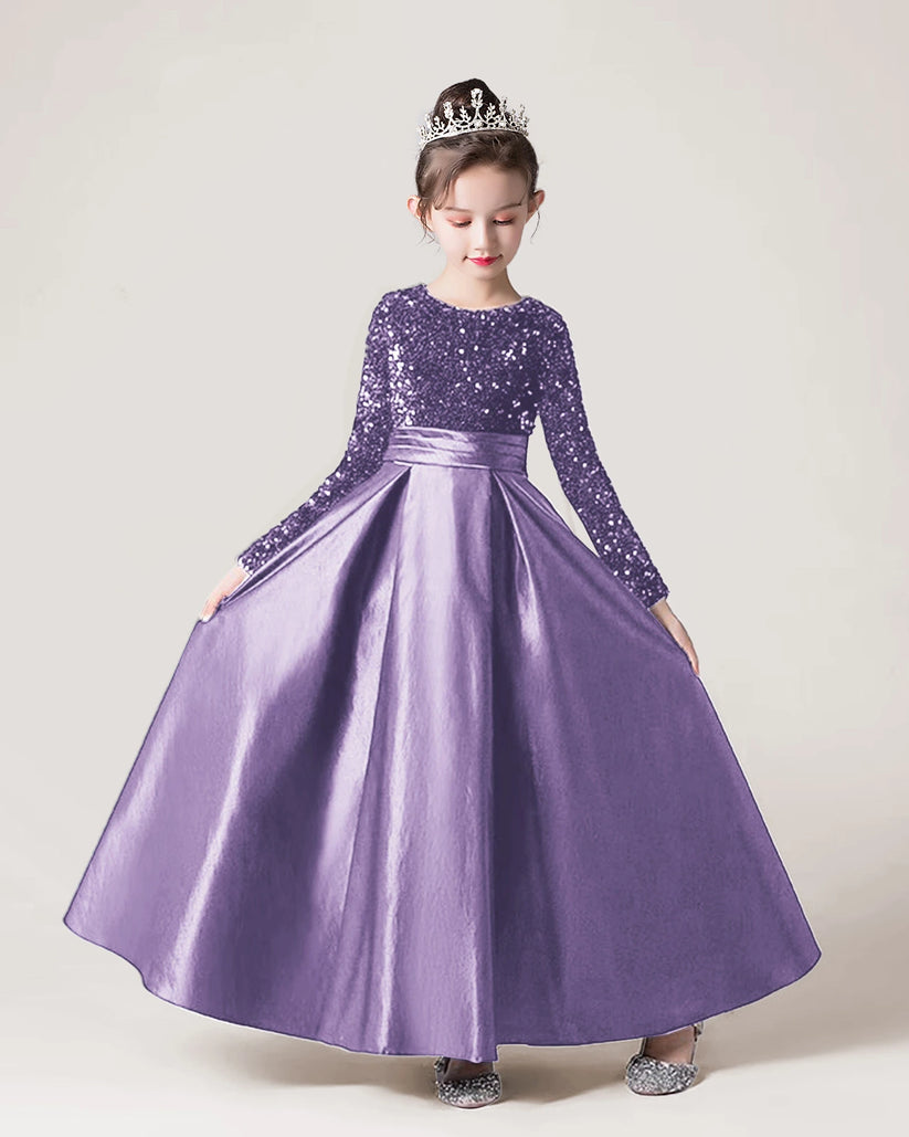 Wisteria Sequin Satin A-line Girls Formal Dress Front View