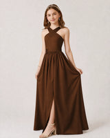 Brown Chiffon A-line Junior Bridesmaid Dress Front View