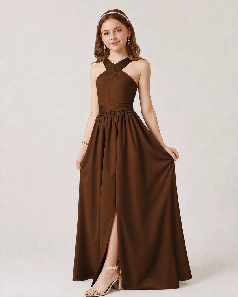 Brown Chiffon A-line Junior Bridesmaid Dress Front View