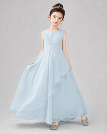Light Blue Chiffon Ruffled Junior Bridesmaid Dress Front View.