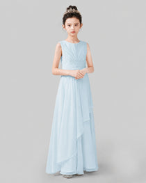 Light Blue Chiffon Ruffled Junior Bridesmaid Dress Front View.