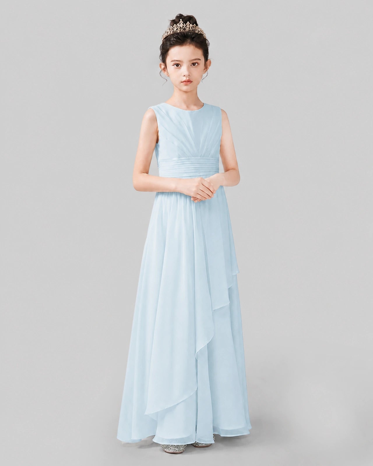 Light Blue Chiffon Ruffled Junior Bridesmaid Dress Front View.