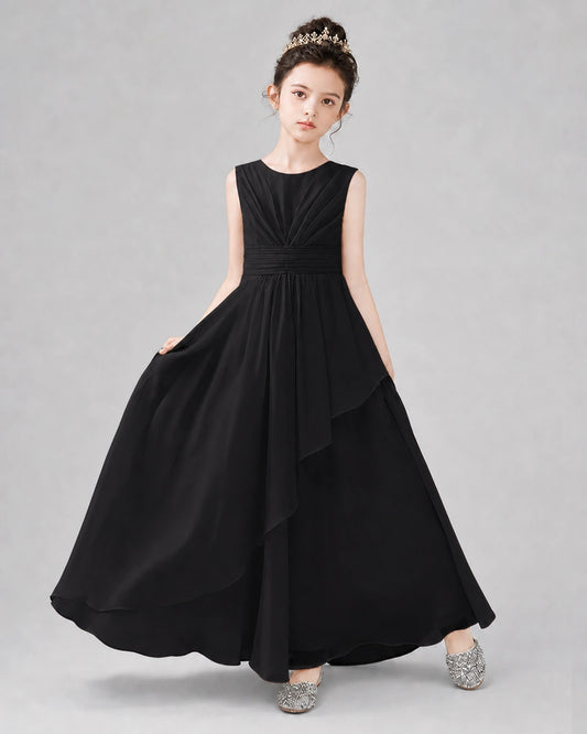 Black Chiffon A-line Junior Bridesmaid Dress Front View