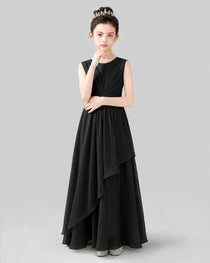Light Gray Chiffon Ruffled Junior Bridesmaid Dress Front View.