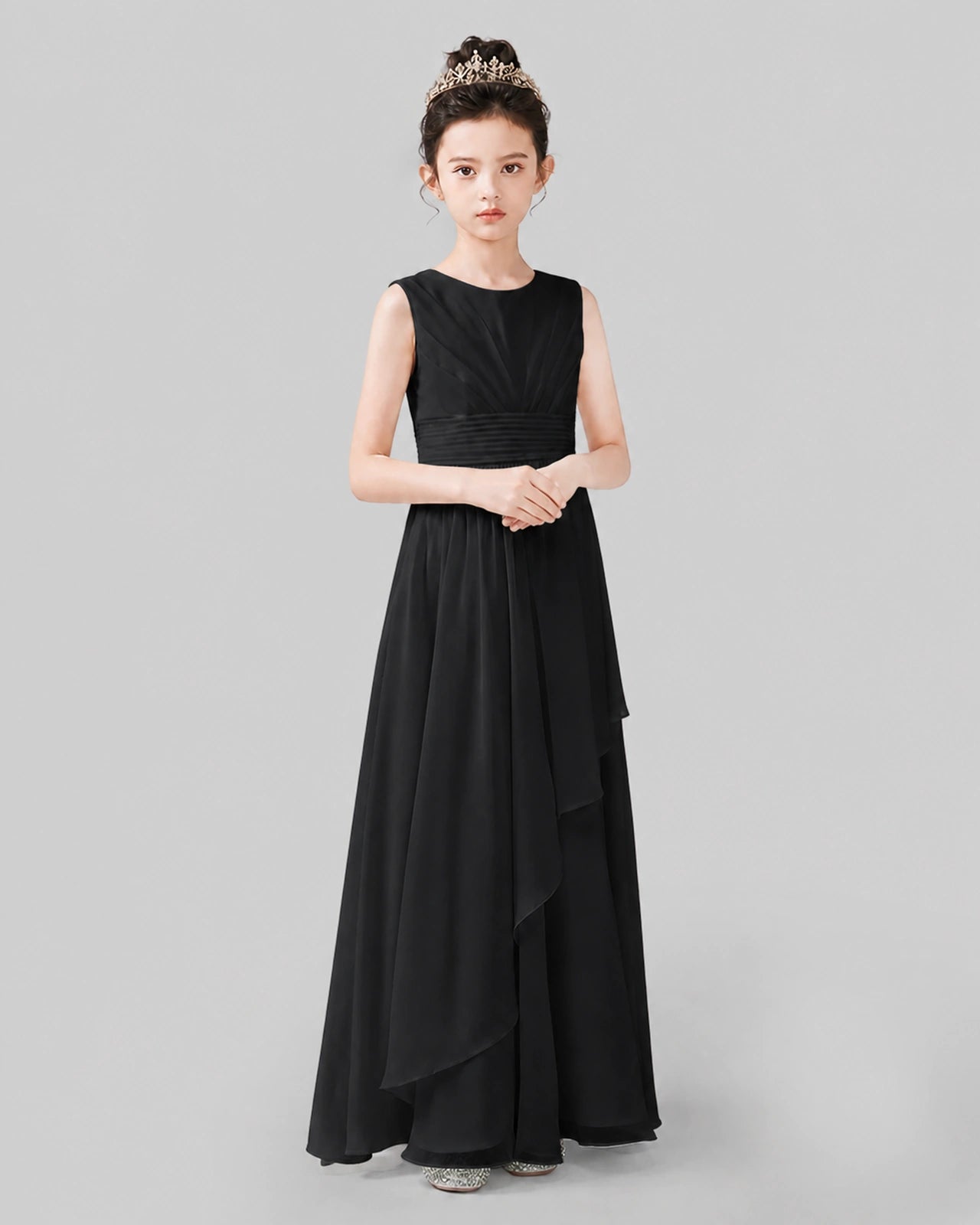 Black Chiffon A-line Junior Bridesmaid Dress Side View