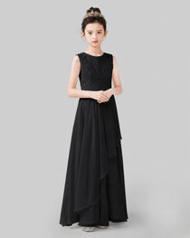 Black Chiffon Ruffled Junior Bridesmaid Dress Front View.
