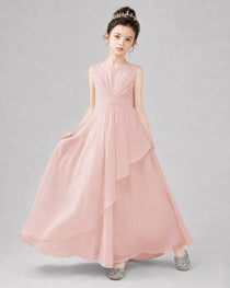 Light Pink Chiffon Ruffled Junior Bridesmaid Dress Front View.