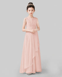 White Chiffon Ruffled Junior Bridesmaid Dress Front View.