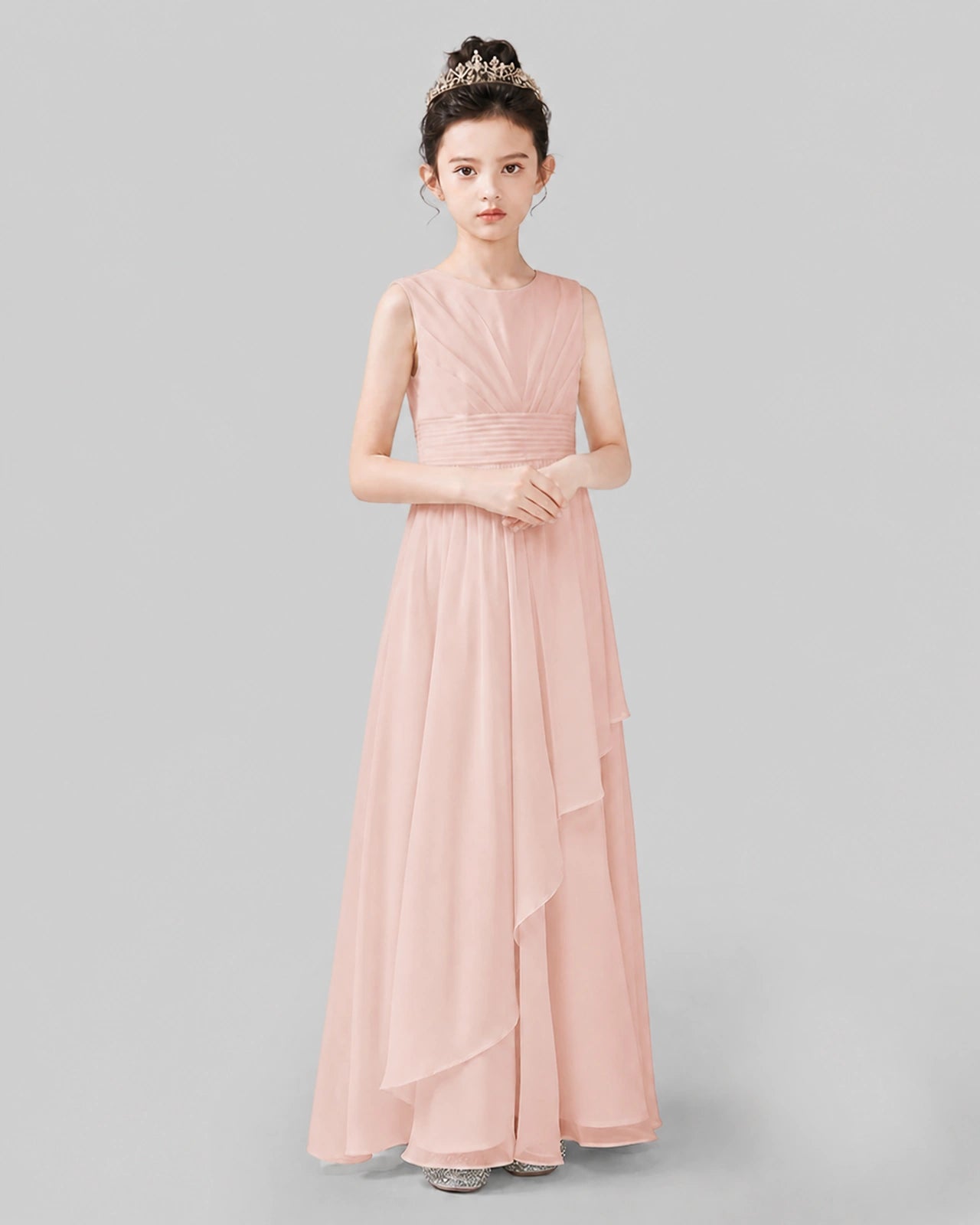 White Chiffon Ruffled Junior Bridesmaid Dress Front View.