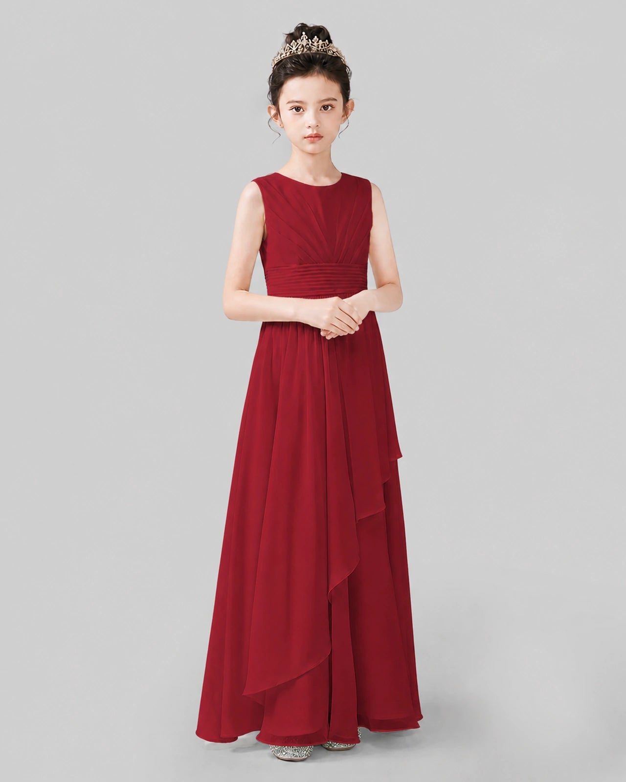 Red Chiffon Layered Junior Bridesmaid Dress Front View.