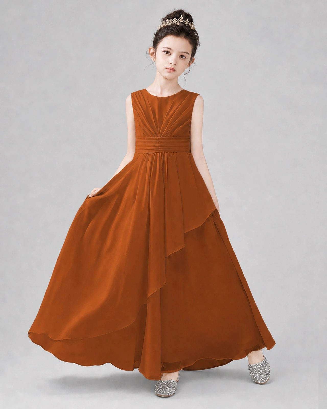 Rust Orange Chiffon Ruffled Junior Bridesmaid Dress Front View.