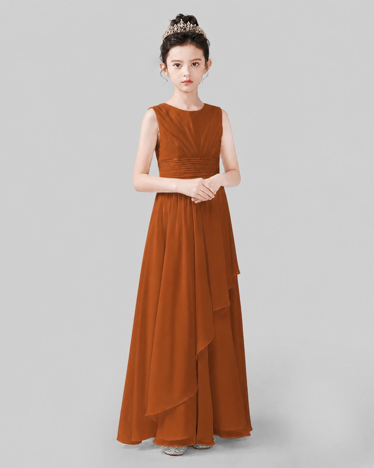 Rust-Orange Chiffon Ruffled Junior Bridesmaid Dress Front View.