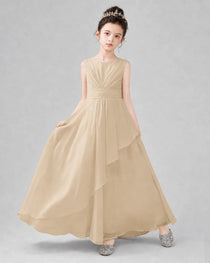 Beige Chiffon Ruffled Junior Bridesmaid Dress Front View.