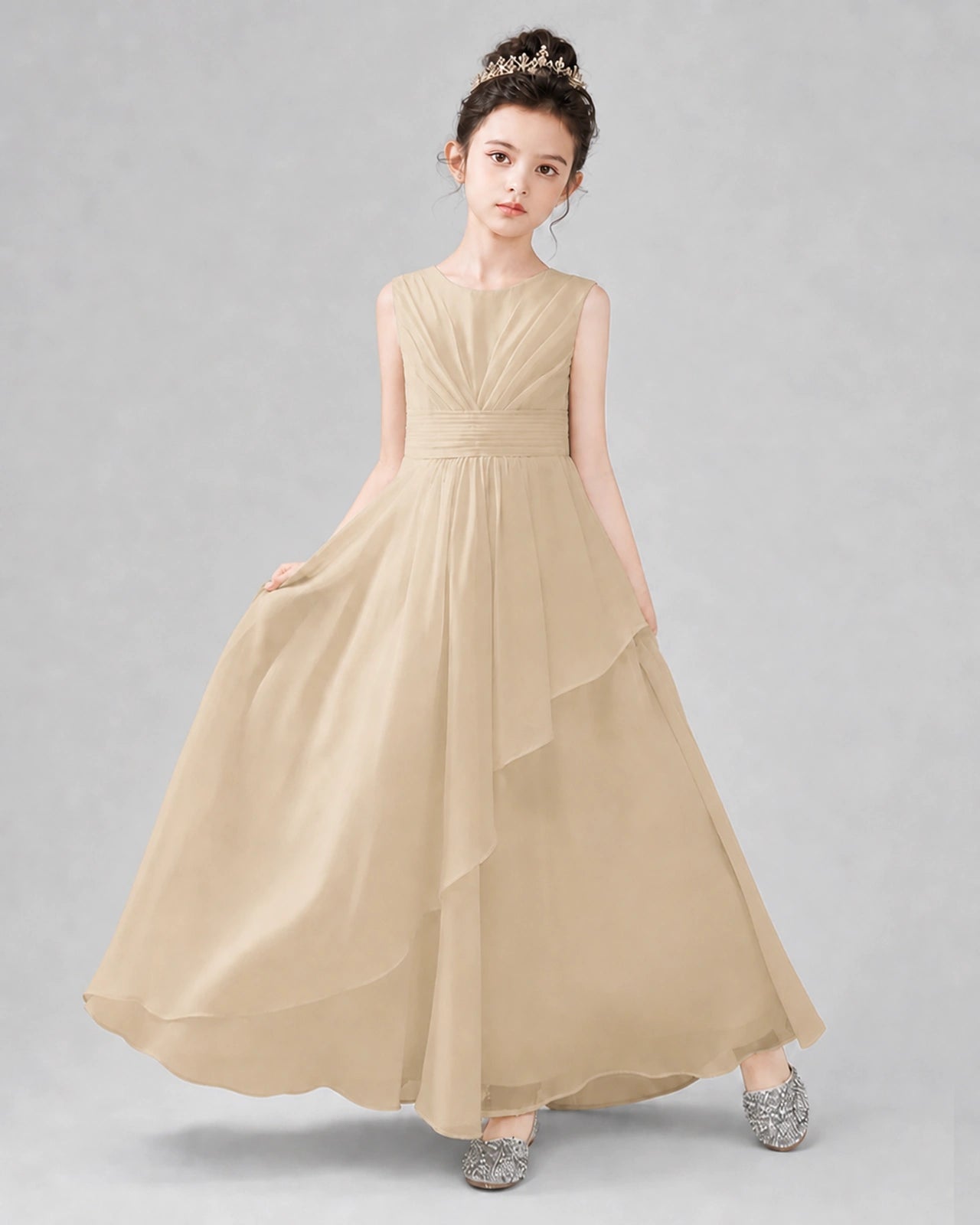 Beige Chiffon Ruffled Junior Bridesmaid Dress Front View.