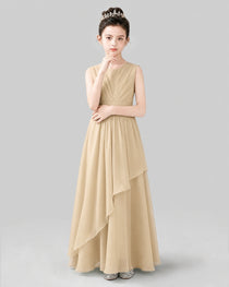 Beige Chiffon Ruffled Junior Bridesmaid Dress Front View.