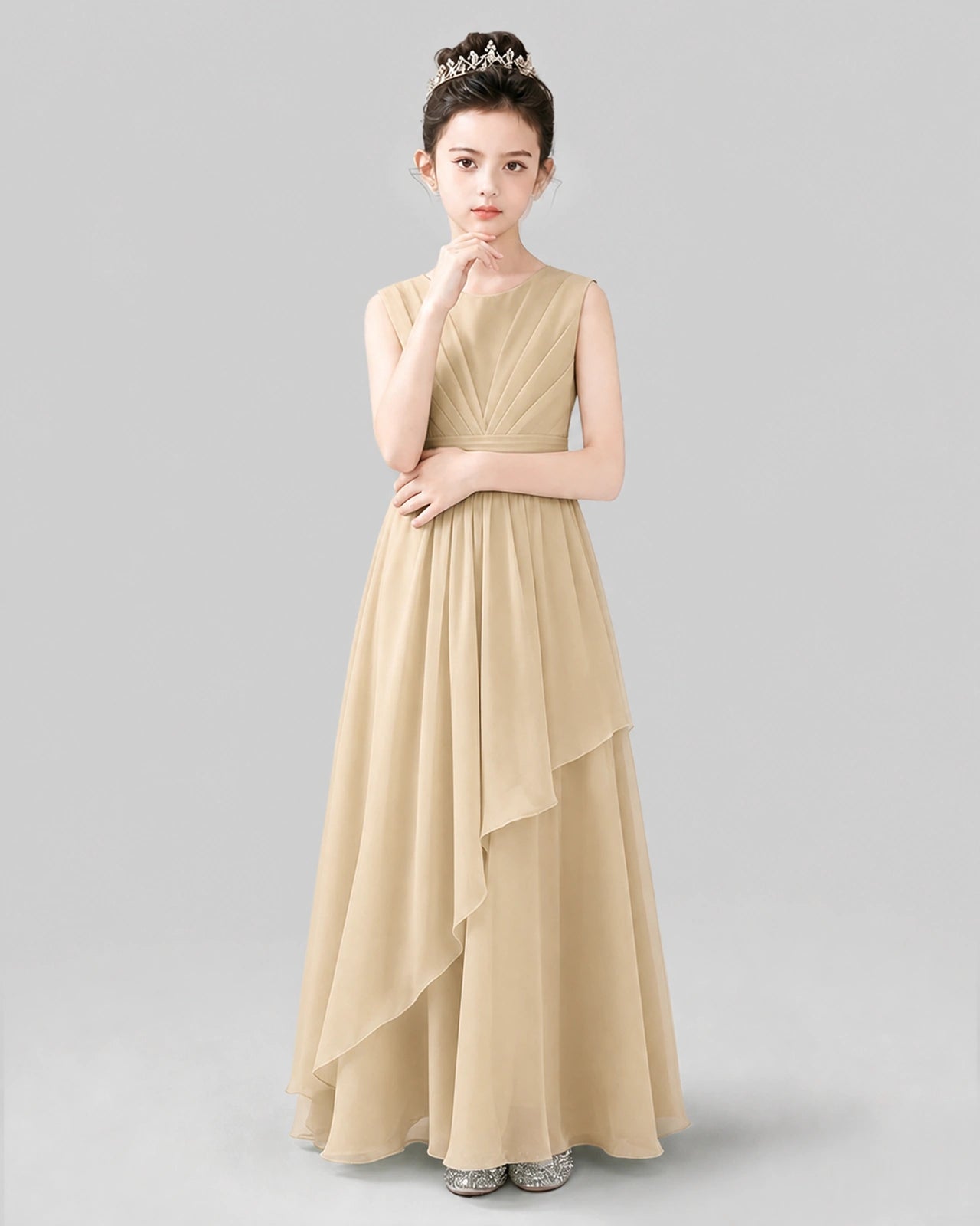 Beige Chiffon Ruffled Junior Bridesmaid Dress Front View.