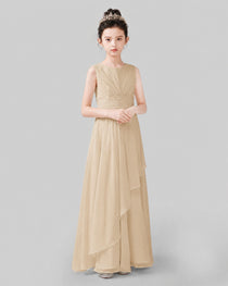 Beige Chiffon Ruffled Junior Bridesmaid Dress Front View.