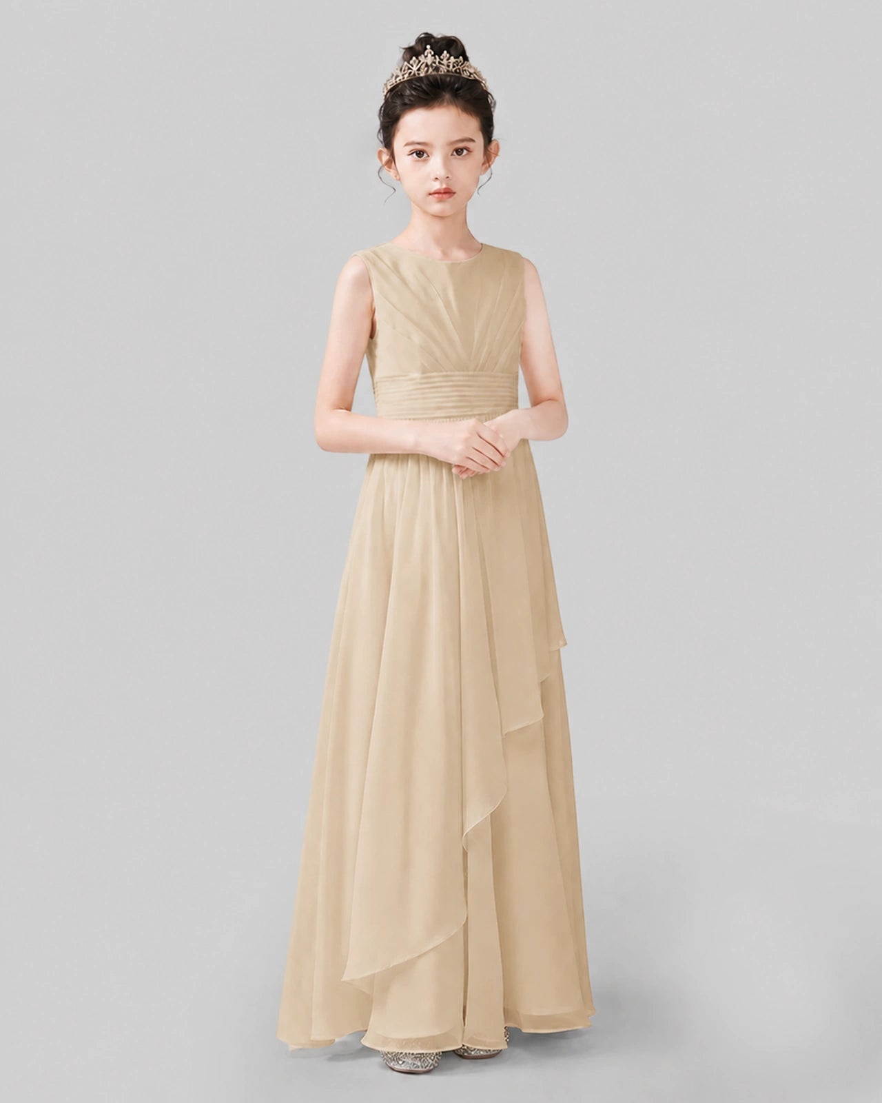 Beige Chiffon Ruffled Junior Bridesmaid Dress Front View.
