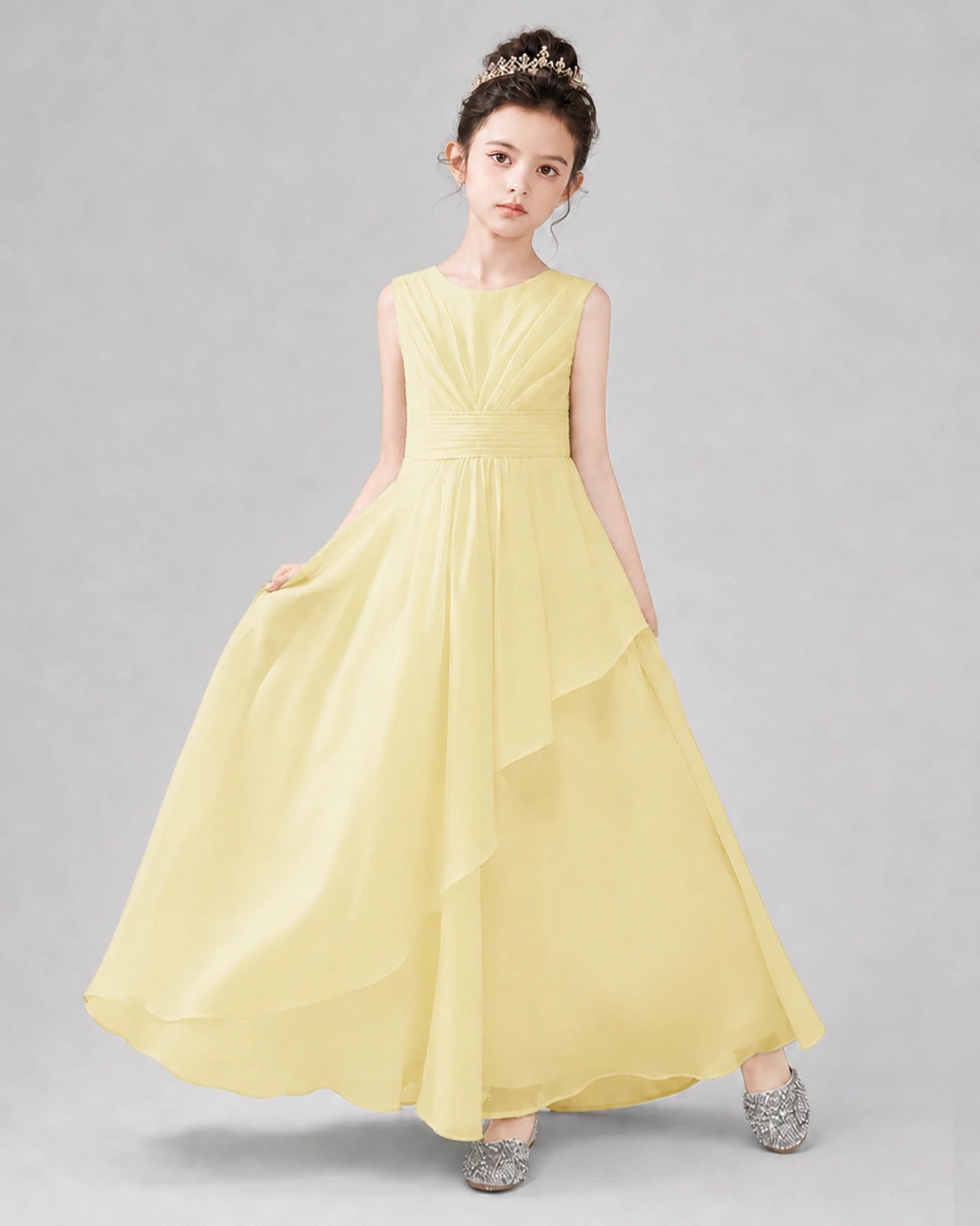 Yellow Chiffon Ruffled Junior Bridesmaid Dress Front View.