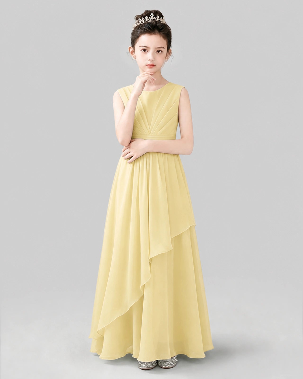White Chiffon Ruffled Junior Bridesmaid Dress Front View.