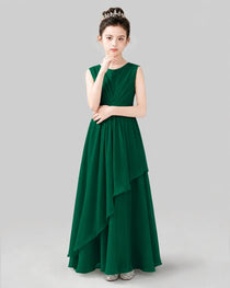 White Chiffon Sleeveless Ruffled Junior Bridesmaid Dress Front View.