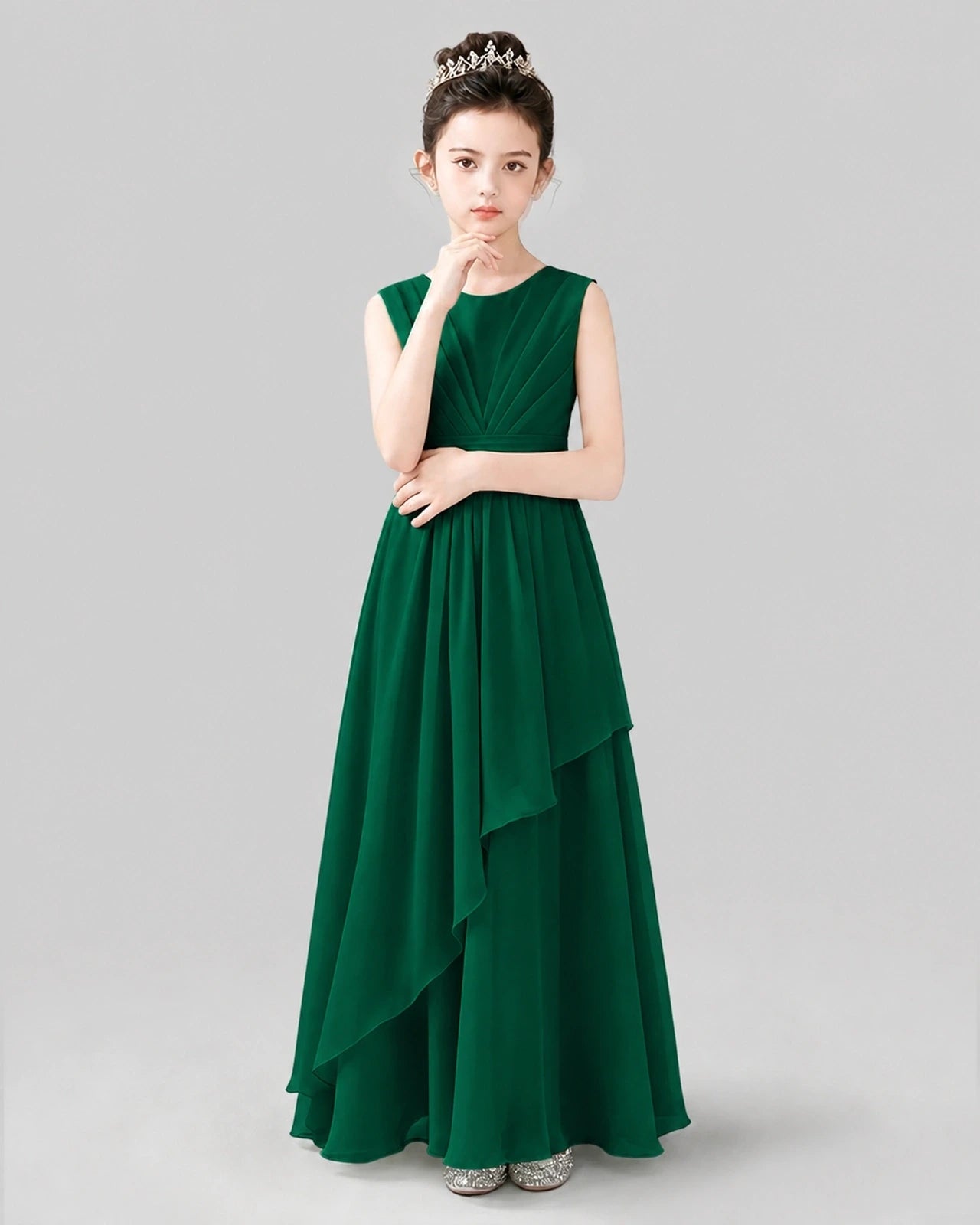 White Chiffon Sleeveless Ruffled Junior Bridesmaid Dress Front View.