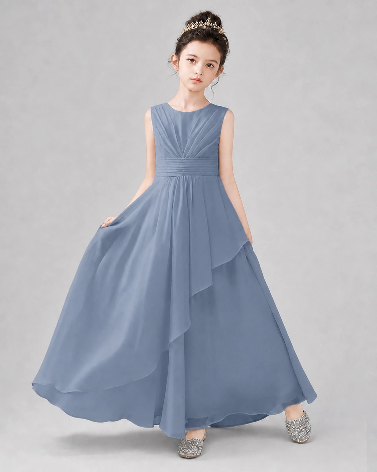 Light Blue Chiffon Ruffled Junior Bridesmaid Dress Front View.