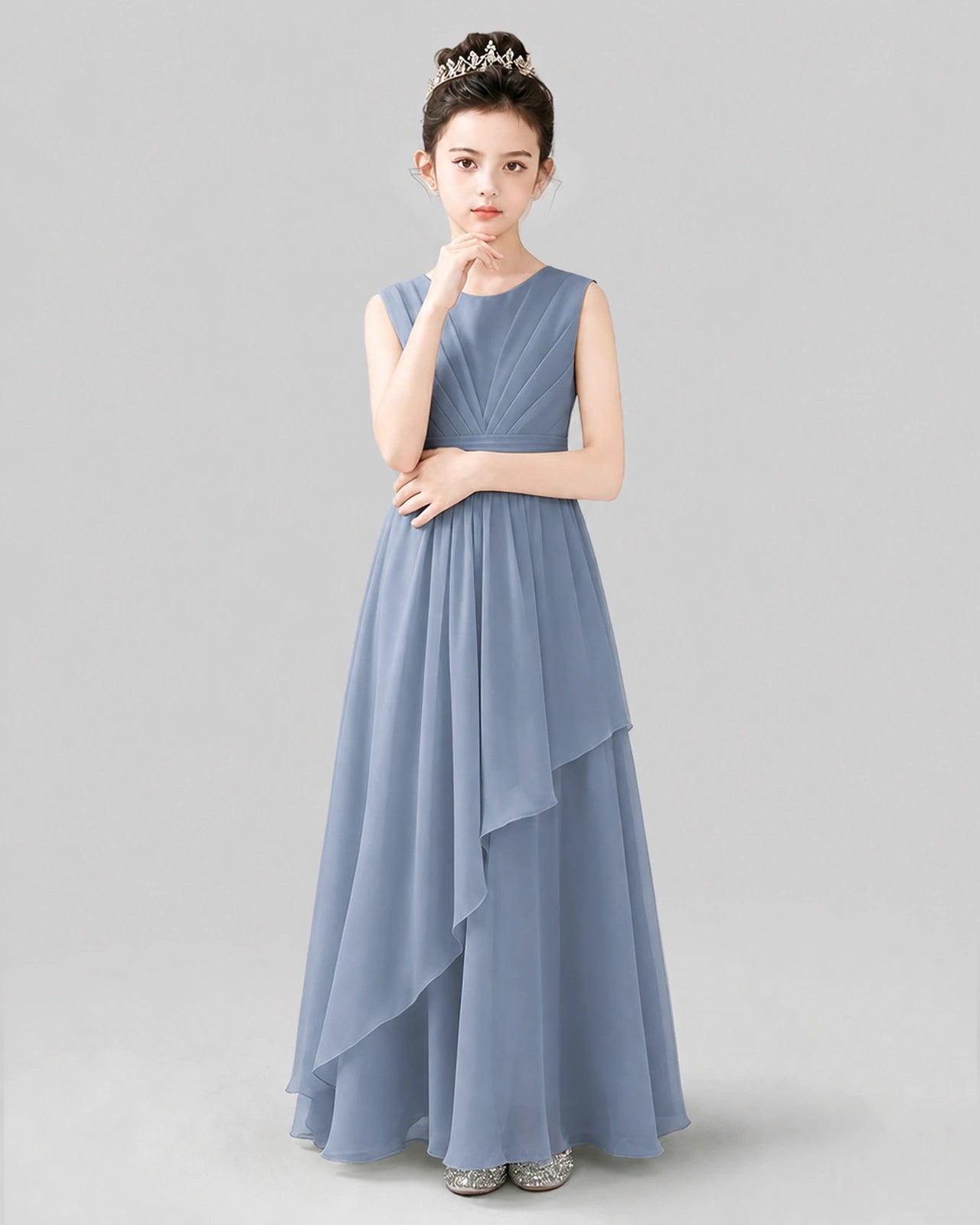 Dusty Blue Chiffon A-line Junior Bridesmaid Dress Front View